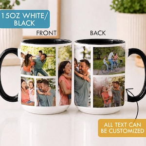 May include: A 15oz white ceramic mug with a black interior and handle, featuring a photo collage of a family on the front and back. The images show various outdoor activities including cycling and piggyback rides. Text states all text can be customised.