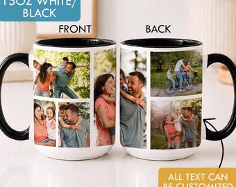 May include: A 15oz white ceramic mug with a black interior and handle, featuring a photo collage of a family on the front and back. The images show various outdoor activities including cycling and piggyback rides. Text states all text can be customized.