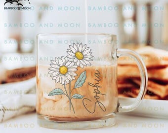 Personalized Birth Month Floral Glass Mug, Birthday Flower Glass Mug TH0658