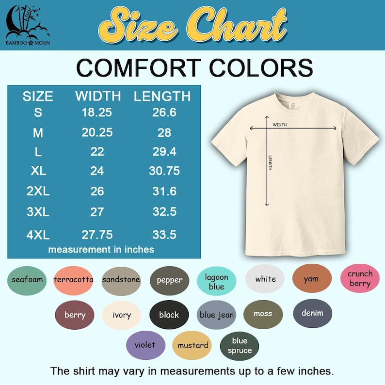 Pu&ograve; includere: Tabella delle taglie per t-shirt con misure in pollici. La tabella mostra le misure di larghezza e lunghezza per le taglie dalla S alla 4XL. La tabella include anche una variet&agrave; di opzioni di colore per le t-shirt, tra cui verde acqua, terracotta, arenaria, pepe, blu laguna, bianco, yam, bacca croccante, bacca, avorio, nero, blu jeans, muschio, denim, viola, senape e blu abete.