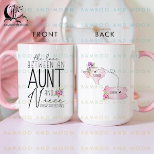 May include: White ceramic mug with pink accents, featuring the text "the love between an aunt and niece knows no distance" and floral accents. The back of the mug shows a map with the names Sophia and Sarah.