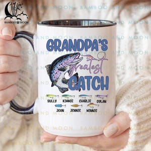 Tazza personalizzata con nome del nonno che pesca e nome del bambino, divertente regalo di compleanno per papà per uomo TH1045