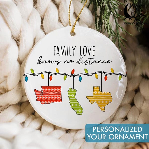 Personalized Long Distance Ornament, De Jouy Family Distance Ornament, Miles Apart Ornament, State To State Ornament TH2055