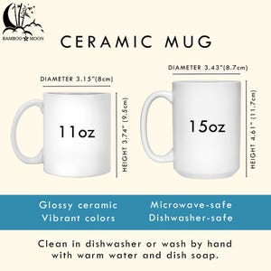 May include: Two white ceramic mugs with the text "11oz" and "15oz". The 11oz mug has a diameter of 3.15 inches (8cm) and a height of 3.74 inches (9.5cm). The 15oz mug has a diameter of 3.43 inches (8.7cm) and a height of 4.61 inches (11.7cm).