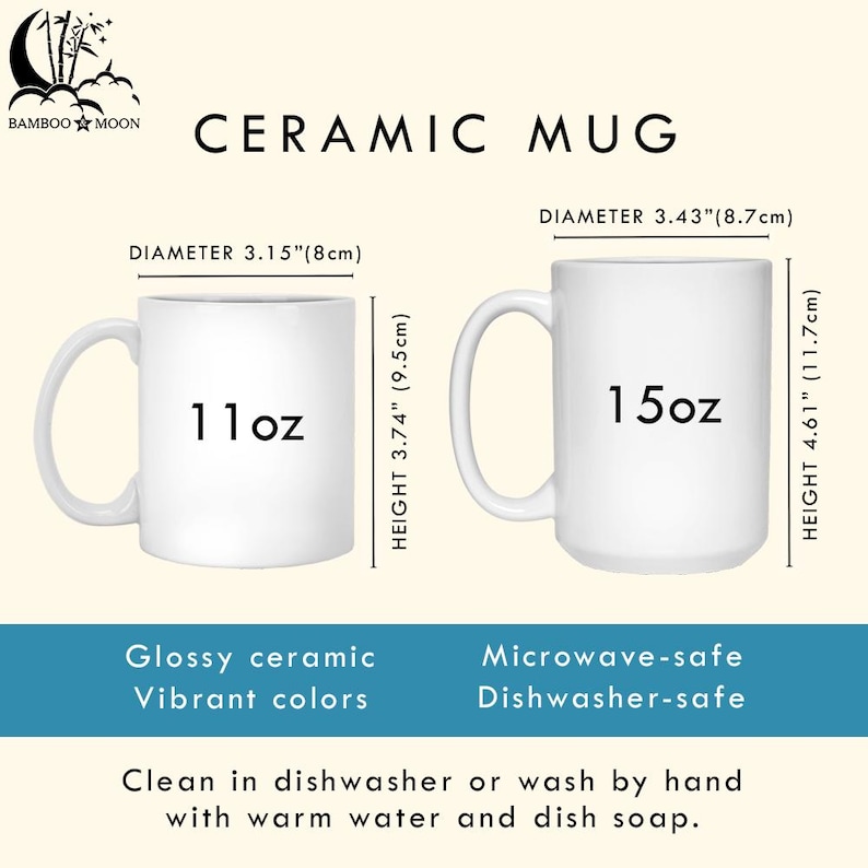 May include: Two white ceramic mugs with the text "11oz" and "15oz". The 11oz mug has a diameter of 3.15 inches (8cm) and a height of 3.74 inches (9.5cm). The 15oz mug has a diameter of 3.43 inches (8.7cm) and a height of 4.61 inches (11.7cm).