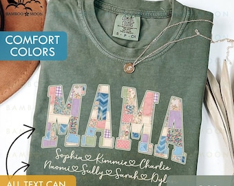 Personalized Mama Faux Patchwork Shirt, Custom Floral Mama with Kid Names Shirt, Mothers Day Gift Shirt For Mama TH2599