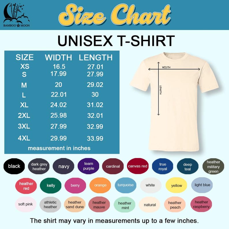 Pu&ograve; includere: Tabella delle taglie per t-shirt unisex con misure in pollici. La tabella mostra la larghezza e la lunghezza della t-shirt in pollici per le taglie XS a 4XL. La tabella &egrave; su uno sfondo bianco con un'illustrazione di t-shirt beige.