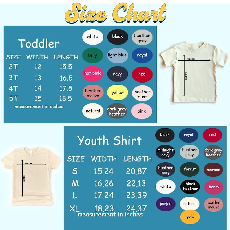 Pu&ograve; includere: Tabella delle taglie per magliette per bambini piccoli e giovani. La tabella mostra le misure di larghezza e lunghezza in pollici per diverse taglie. La tabella elenca anche i diversi colori disponibili per le magliette.