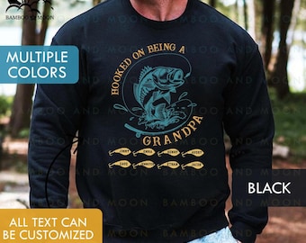 Personalized Fishing Grandpa Sweatshirt, Custom Grandkid Names Sweatshirt, Hooked On Being A Grandpa Sweatshirt L00036