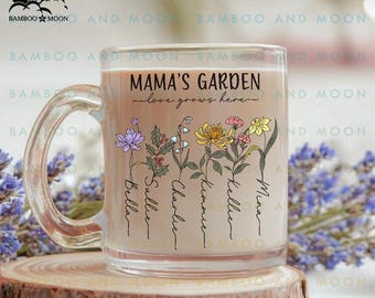 Personalized Mama&#39;s Garden Glass Mug, Custom Birth Flowers Glass Mug, Custom Names Flowers Glass Mug TH0626