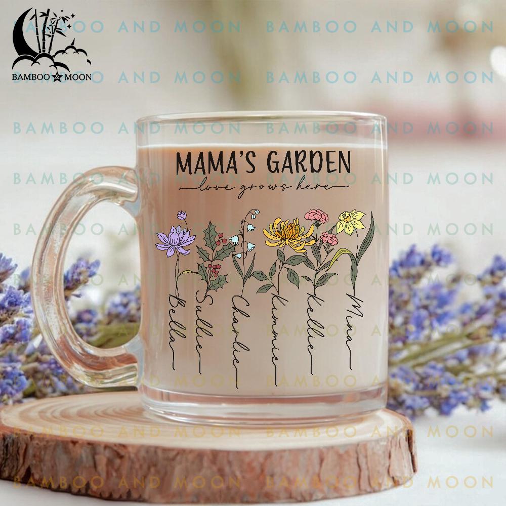 Personalized Mama's Garden Glass Mug, Custom Birth Flowers Glass Mug, Custom Names Flowers Glass Mug TH0626