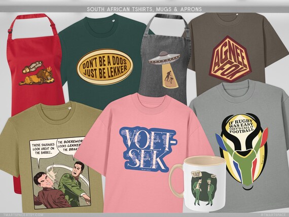 South African Tshirts, Mugs & Aprons: Dtg Print, Dye Sublimation, Certified Organic Cotton, Lekker Braai Voetsek Illustration