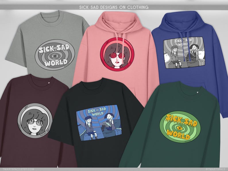Sick Sad Tshirts, Hoodies and Sweaters: Dtg Print, Organic Cotton, Recycled Polyester, Grunge 90s Cartoon Illustration, Human Made Art image 2