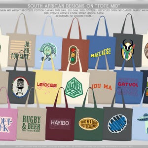 May include: A selection of twenty tote bags, each featuring unique designs and text. These bags are crafted from recycled cotton canvas and are available in diverse colours such as beige, blue, and pink. Each bag measures 37cm wide, 40cm high, and 9.5cm deep, with a strap length of 54cm.