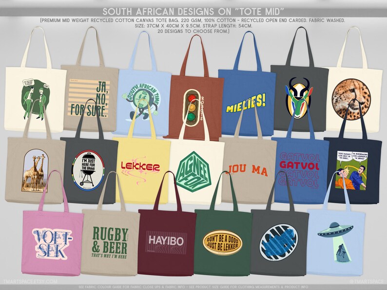 May include: A selection of twenty tote bags, each featuring unique designs and text. These bags are crafted from recycled cotton canvas and are available in diverse colours such as beige, blue, and pink. Each bag measures 37cm wide, 40cm high, and 9.5cm deep, with a strap length of 54cm.