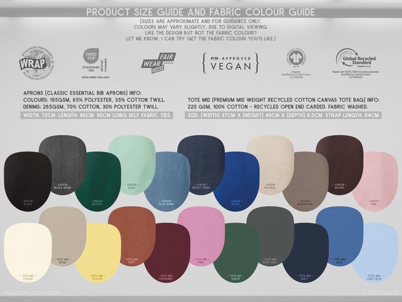 May include: A product size and fabric colour guide displaying fabric swatches in a range of colours. The guide provides details on aprons and tote bags, including material composition, dimensions, and certifications such as WRAP and Vegan.