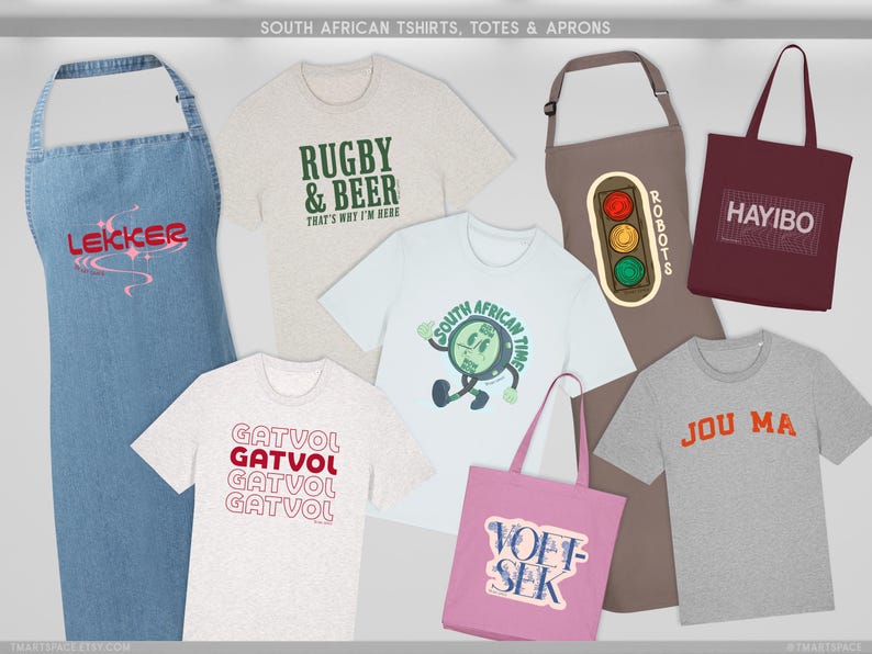May include: A selection of South African themed clothing and accessories. Includes a denim apron with "LEKKER" text, t-shirts with phrases like "RUGBY & BEER", "GATVOL", and "JOU MA", tote bags, and a brown apron with a traffic light graphic.