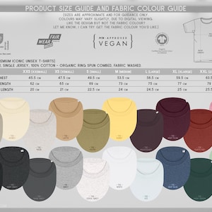 May include: A product size guide and fabric colour guide for unisex t-shirts. The guide shows measurements in centimetres for half chest, body length, and sleeve length. Various t-shirt colours are displayed, including black, white, and blue.