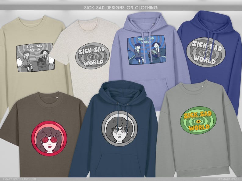 Sick Sad Tshirts, Hoodies and Sweaters: Dtg Print, Organic Cotton, Recycled Polyester, Grunge 90s Cartoon Illustration, Human Made Art image 1