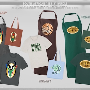 May include: A selection of South African themed items, including aprons, tote bags, and t-shirts. Designs feature a springbok, a cheetah, and text such as "Rugby & Beer" and "Don't be a doos just be lekker".