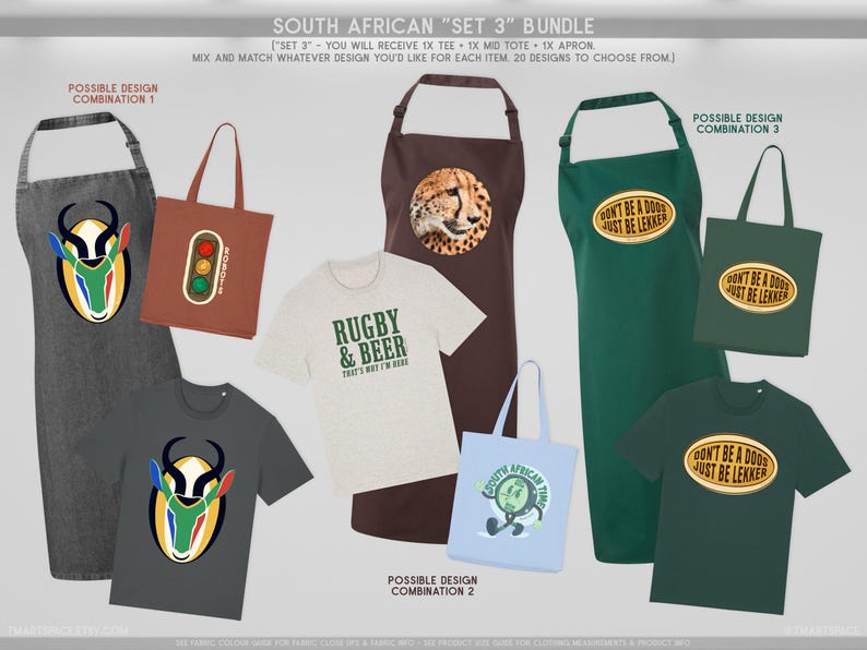 May include: A selection of South African themed items, including aprons, tote bags, and t-shirts. Designs feature a springbok, a cheetah, and text such as "Rugby & Beer" and "Don't be a doos just be lekker".