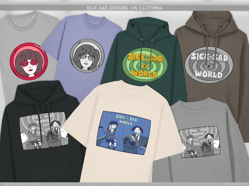 Sick Sad Tshirts, Hoodies and Sweaters: Dtg Print, Organic Cotton, Recycled Polyester, Grunge 90s Cartoon Illustration, Human Made Art image 4