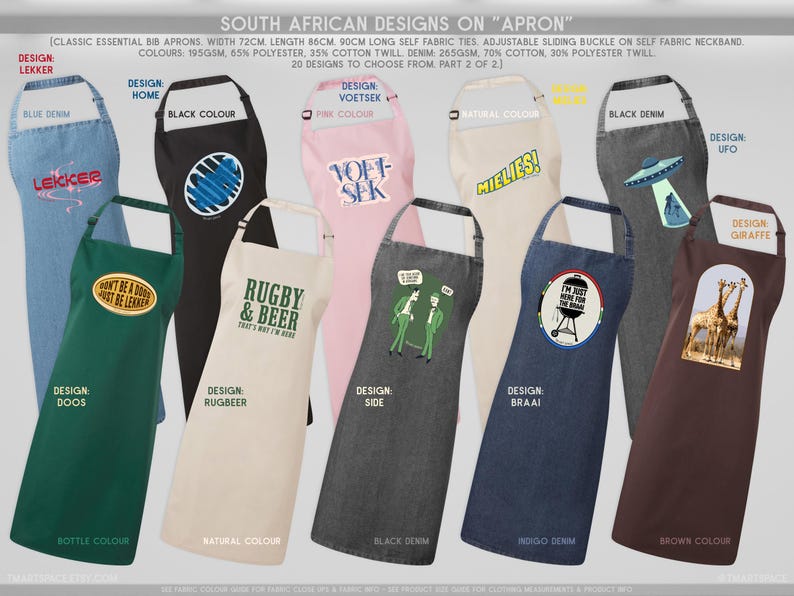 May include: A selection of bib aprons featuring diverse designs and colours. The aprons display text and graphics, including "Lekker", "Home", "Voetsek", "Rugby & Beer", and "Braai". Each apron is a different colour, such as blue denim, black, pink, and brown.