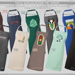 May include: A selection of South African design aprons in colours like brown, indigo denim, and black. Each apron has a unique design, including a cheetah, a traffic light, and the text "Gatvol". Aprons are 72cm wide and 86cm long.