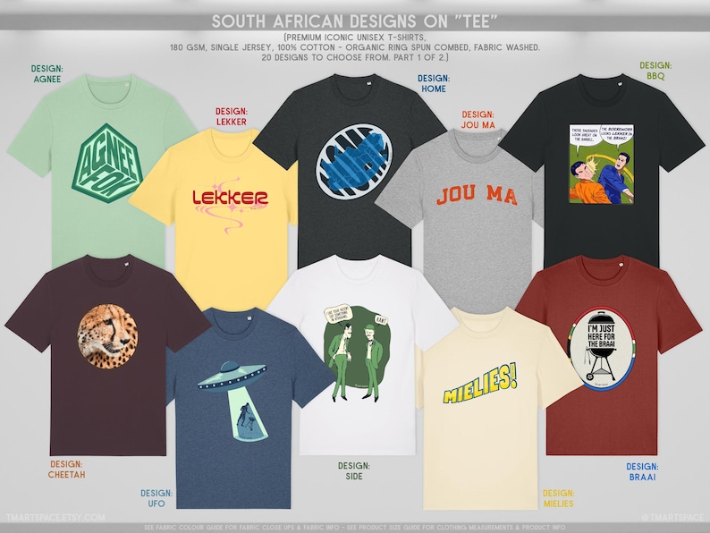 May include: A selection of unisex t-shirts in various colours, including green, yellow, grey, and black. The shirts display different designs, such as text like "AGNEE", "LEKKER", and "JOU MA". Other designs include a cheetah, an alien, and a barbecue.