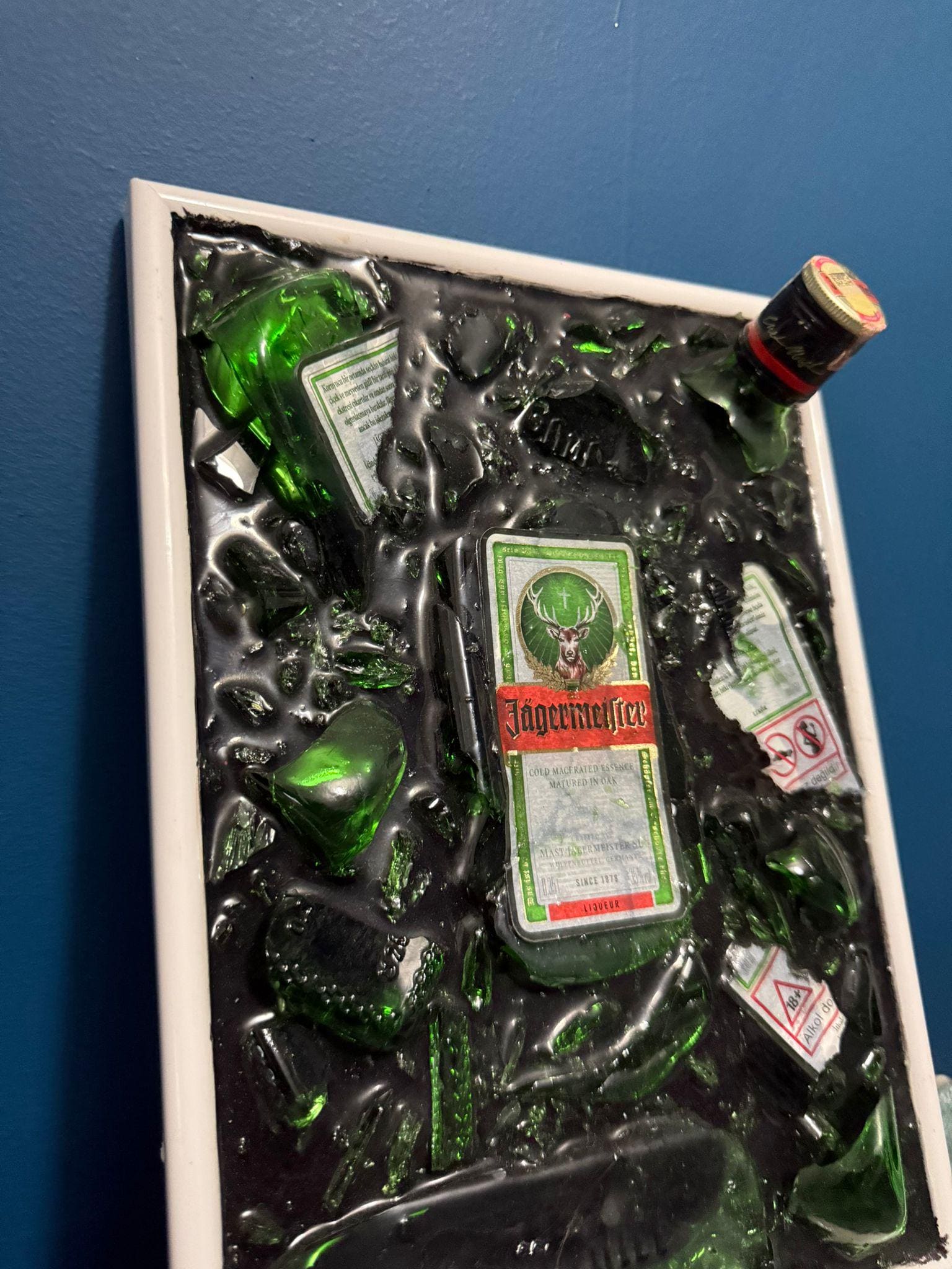 Broken Bottle Art Framed Jägermeister  | Cracked 35cl Liquor Glass with Epoxy | Bar Wall Decor | Unique Alcohol Bottle Gift Personalized