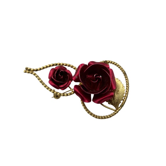 Vintage Double Red Roses Brooch - image 1