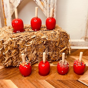 Pode incluir: Seis maçãs vermelhas caramelizadas com palitos de madeira são dispostas sobre um fardo de feno e uma superfície de madeira. Três maçãs são simples, enquanto as outras são decoradas com granulado e nozes. Um deleite festivo.