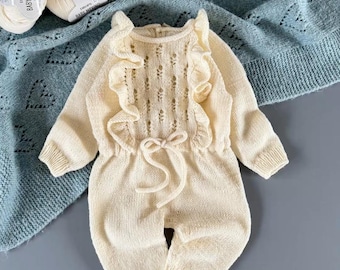 Handknitted Merino Wool Baby Romper: Openwork Knit Onesie