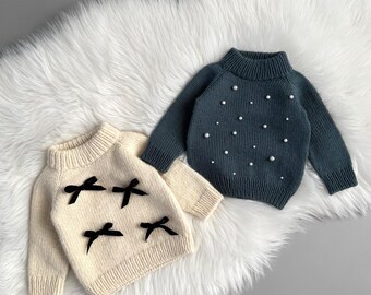 Handmade Merino Wool Knit Sweater: Baby or Women's with Bows or Beads