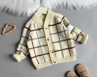 Handmade Merino Wool Checkered Cardigan: Knit Baby Jacket