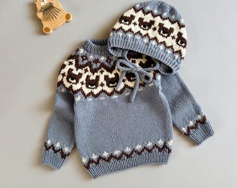 Knitted Merino Wool Baby Set: Bear Sweater, Bonnet, Embroidery