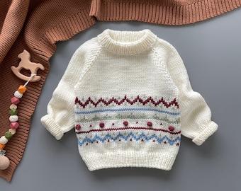 Knitted kid sweater, 100% merino wool, handmade sweater, sweater for baby, handmade, unisex, jacquard