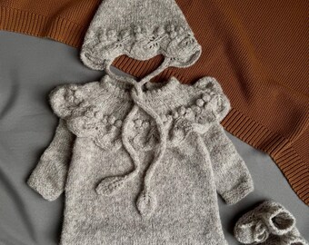 Handmade Alpaca Wool Baby Set: Knitted Jacket, Bonnet and Booties