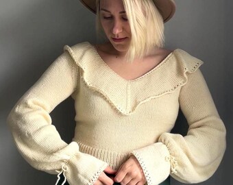 Handmade Merino Silk Ruffle Blouse: Romantic Knit Top