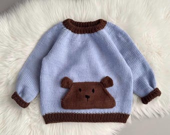 Handmade Merino Wool Kid Sweater: Bear Pocket, Soft Knit