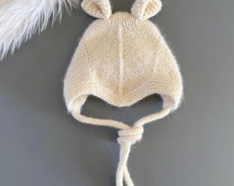 Handmade Alpaca Baby Bonnet: Knitted Newborn Hat with Ears