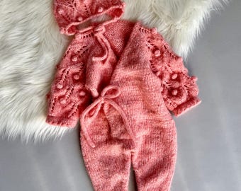 Handmade Alpaca Knit Baby Set: Openwork Jumpsuit & Bonnet