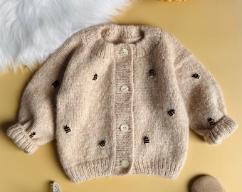 Handmade Alpaca Baby Cardigan: Knitted Jacket with Bee Embroidery