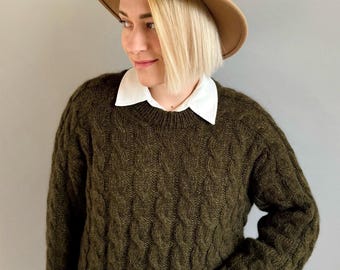 Hand-Knitted Wool Cable Sweater: Mohair Silk Blend