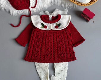 Handmade Merino Wool Baby Set: Knitted Dress, Bonnet and Leggings