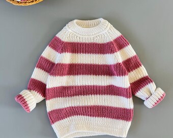 Handmade Striped Merino Wool Baby Sweater, Knitted Kids Jumper