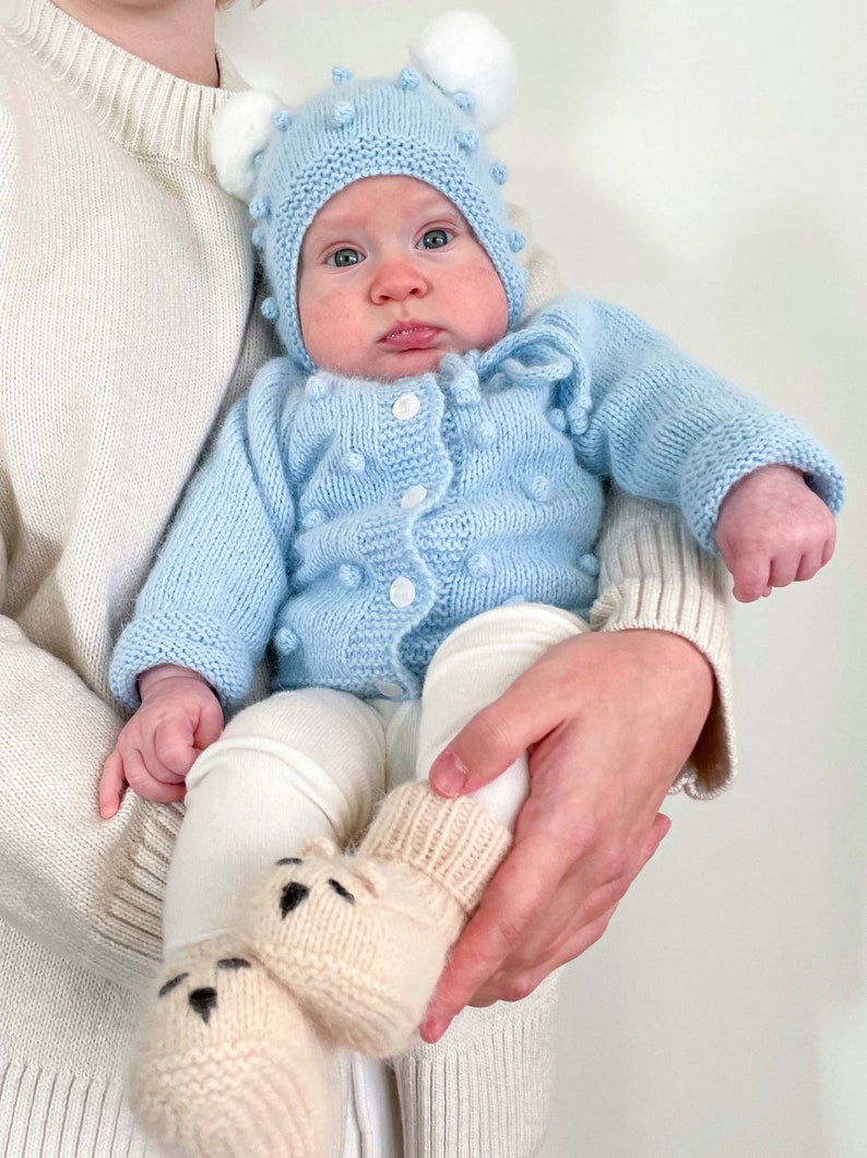 Knitted set for baby, handmade, angora wool, rabbit pompoms, fluffy, perfect for newborn photoshoot, popcorn jacket, baby bonnet image 6