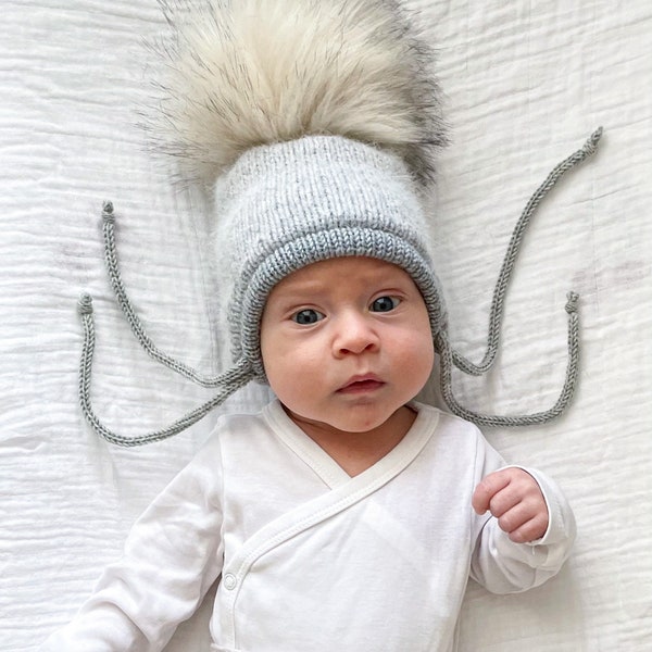 Knitted hat, double layered hat, angora wool, merino wool, fluffy, faux fur pompom, handknitted, kid's wear, handmade, size 36 to 54