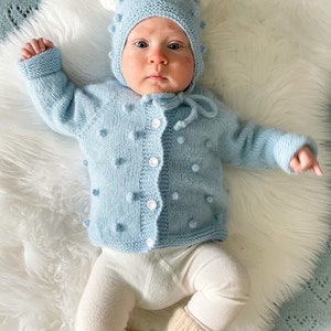 Knitted set for baby, handmade, angora wool, rabbit pompoms, fluffy, perfect for newborn photoshoot, popcorn jacket, baby bonnet image 1