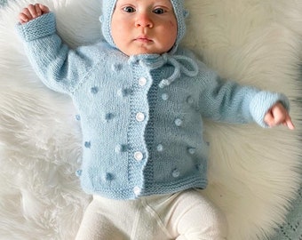 Knitted set for baby, handmade, angora wool, rabbit pompoms, fluffy, perfect for newborn photoshoot, popcorn jacket, baby bonnet